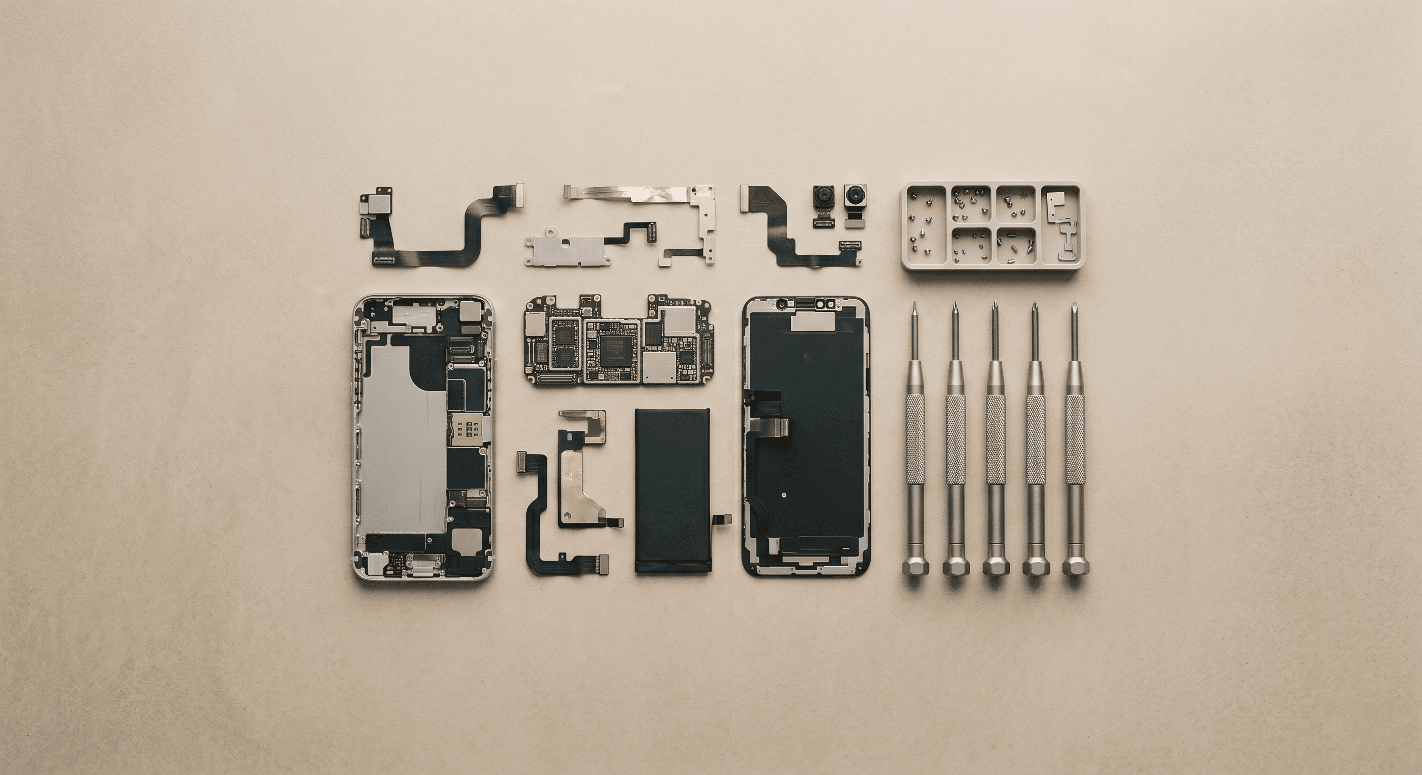 Disassembled smartphone components — screens, batteries, flex cables, camera modules, and tools — arranged on a warm workbench