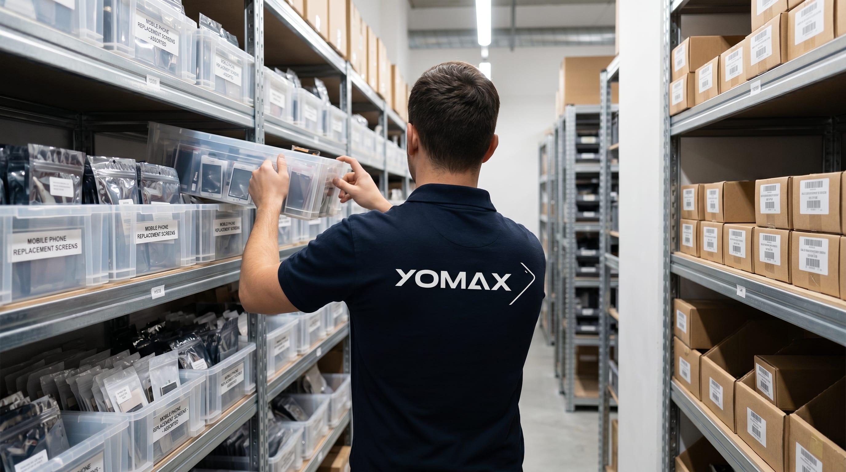 YOMAX warehouse technician pulling mobile repair parts from organised stock shelves